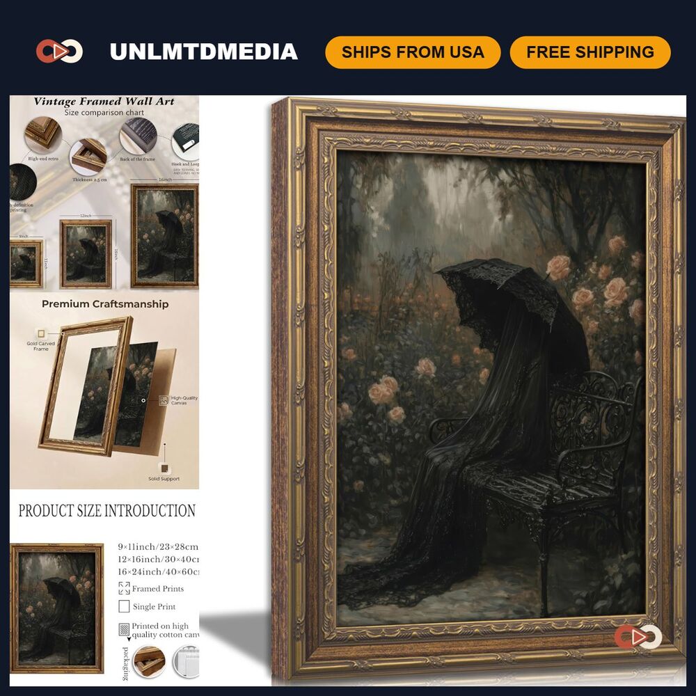 Gothic Wall Art Vintage Gold Frame, Victorian Woman Oil Canvas Print, Dark Acade